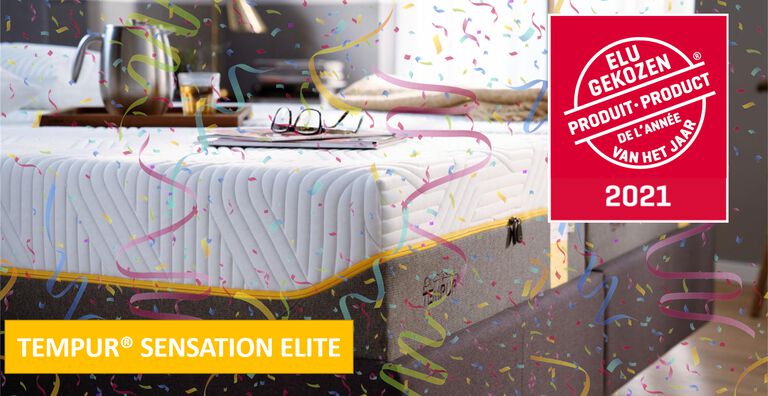 De sensation elite matras met confetti, daarbij staat het logo van het product van het jaar 2021. 